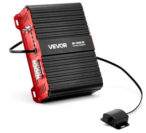 VEVOR Ampli Voiture Monobloc, Amplificateur Audio Auto 1 Canal, Classe D, 1500 W RMS Max, Stable sous 1/2/4 ohms, avec Télécommande pour Niveau du Subwoofer, Filtre Passe-bas, Amplification des Basses