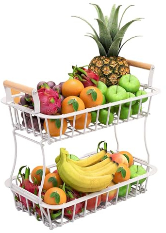 Relaxdays Cesta para fruta de 2 pisos, frutero para cocina, blanca | Cesta metálica para frutas y verduras, con asas