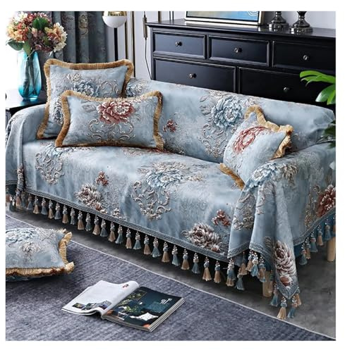 L6NqIAG Vintage Sofabezug Tassels Sofa Cover Seater Towel Flower Couch Covers Single Loveseat Throw(Blue,Cushion cover45x45cm)
