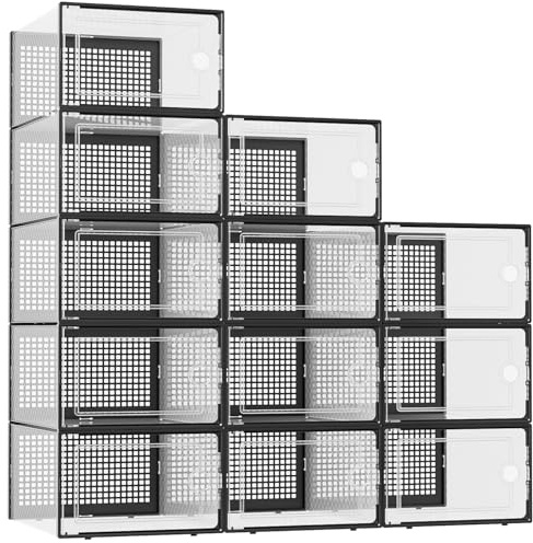Kuject XX-Large Shoe Storage Boxes Organizers Fit Size 13, Clear Plastic Stackable 12 Pack, Shoe Rack & Holder Substitute, Sneaker Containers, Shoe Storage Organizer Bins for Closet, Under Bed, Black
