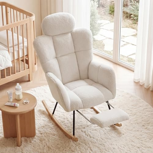 DEKKETO Fauteuil à Bascule - Rocking Chair avec Repose-Pied et Appui-tête | Fauteuil Relax en Tissu Bouclette, Chaise à Bascule Confortable pour Salon, Allaitement, Chambre, Pieds en Bois Massif, Blanc