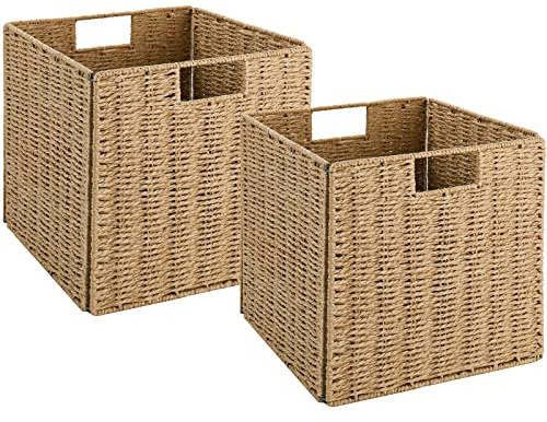 Vagusicc Wicker Storage Basket, Set of 2 Handwoven Wicker Basket for Storage, Foldable Storage Baskets Organizer Bins with Handles for Shelves Organization & Decoration, Natural, 23x23x23 cm