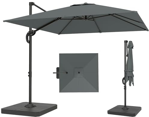 Outsunny Ombrellone da Giardino Decentrato a Manovella 2.4x2.4m con Base Pesi Riempibili, Ombrellone da Esterno Quadrato Inclinabile Girevole a 360°, in Alluminio, per Terrazzo, UV50+, Grigio Scuro