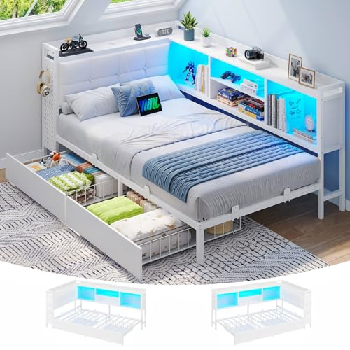 Brinlawb 3ft Single Bed Frame with Upholstered Headboard, Charging Station (2 AC Sockets, 2 USB Ports) and LED Lights, Single Bed with Storage, 2 Drawers, Reversible Left/Right Hand Assembly, White