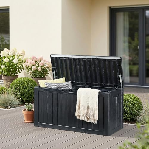 casa.pro Gartenbox Vades Aufbewahrungsbox mit Deckel 117 x 47 x 59 cm Auflagenbox Gartenkiste wetterfest Gartentruhe 300 L abschließbar Kissenbox outdoor Schwarz, Holzoptik