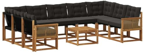 vidaXL Outdoor-Sofagarnitur mit Kissen 10 pcs Natürlich und Schwarz, Moderne Gartenmöbel, Akazienholz-Sofa, Textilene-Rücken, strapazierfähige Sitzmöbel, Bequeme Liegeplätze