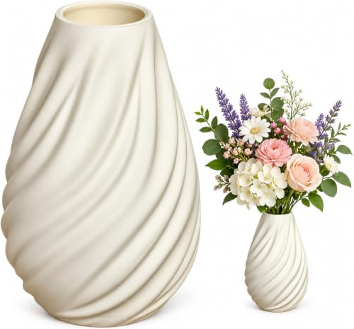 PLANTINITY Vase Für Baustein-Blumenstrauß, 17 cm, Weiß, Wellen-Design | Deko-Gefäß, Passend Zu Floristik-Sets, Heller Farbton, Rillenoptik, Standsicher, Kompakte Höhe
