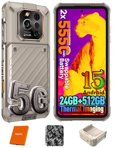RUGONE Xever 7 Pro Rugged Smartphone 5G, Rugged Phone with 2×5550mAh Swappable Battery 33W, Thermal Imaging, 24GB+512GB/2TB, 50MP+64MP Night Vision, 120Hz 6.67 FHD+, Sand Dune