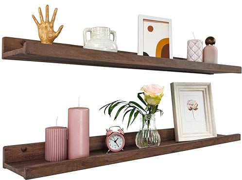Handgearbeitet Wandregal 90cm, Regal Wand Holz 2er-Set, Hängeregal Wandhalterung Regalbrett, Modern Schweberegal, Schmales Bilderleiste für Badezimmer, Wohnzimmer, Küche, Schlafzimmer (Nussbaum)