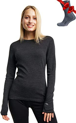 Merino.tech Merino Shirt Damen Langarm - Premium 100% Merino Unterwäsche Damen Langarmshirt, Sportunterhemden + Wollsocken (Large, Charcoal Grey 250)