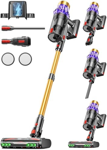 Akku Staubsauger, 55KPa/650W/70Min Staubsauger Kabellos mit Selbststehend, 1,8 L, Anti-Tangle-Bürste, 8-Schicht-Filtration, LED Display, akkustaubsauger für Tierhaare/Hartböden/Teppich (Goldfarben)