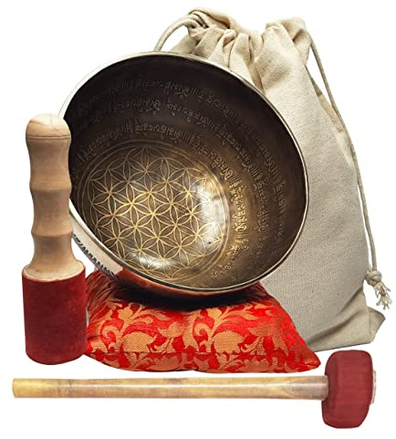 CRAFTSTRIBE Grand bol chantant tibétain martelé à la main avec millet et coussin en soie 20,3 cm
