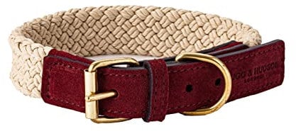 HUGO & HUDSON Luxury Dog Collar, Flat Rope and Leather with Adjustable Metal Buckle, Burgundy 60cm