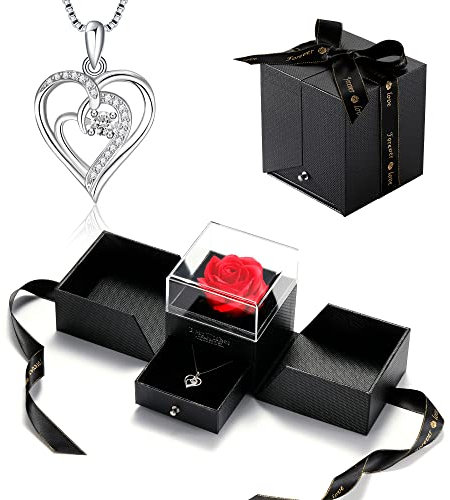 Bellrela Damen Kette Sterling Silber 925 Herz Anhänger Halskette mit Ewige Rose,Valentinstag Muttertag Weihnachten Jubiläum Geburtstagsgeschenk für sie