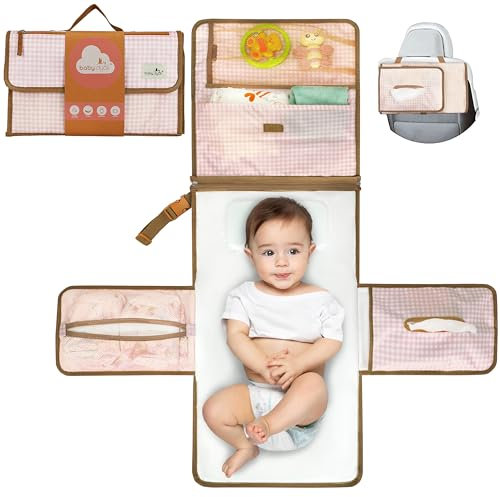 Wickelunterlage für unterwegs kompakte Wickelauflage XL - Kombinierbare abnehmbare Wickeltasche mit 6 Fächern, Tuchspender und bequemes Kissen für den Kopf Ihres Babys (Vichy)