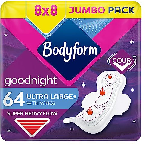 Bodyform Ultra Goodnight Sanitary Towels with Wings, 64 (8 x 8 Packs) Period Pads for Night use, SecureFit Leakage Protection, Ultra-Breathable Top Layer