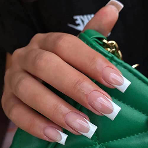 JUSTOTRY 24 Pcs White French Press on Nails Medium Designs,Milky False Nails Coffin,Pretty Stick on Nails for Women and Teens,Glossy Ballarina Fake Nail for Girls Nail Art