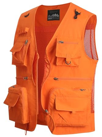 MeiLayM Herren Outdoor Weste Anglerweste mit Mehreren Taschen Leicht Fotografie Weste Sommer Multifunktionsweste Camping Jagd Weste Atmungsaktiv Ärmellos Jacke Orange,XL