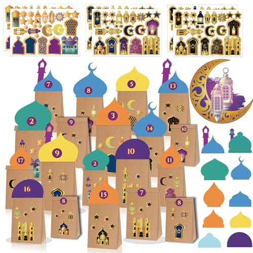 30 Eid Mubarak Tüten, Ramazan-kalender, DIY Ramadan Kalender zum Befüllen-Geschenktüten zum Aufstellen und Dekorieren-Islamische Muslimische Dekoration-Ramadan Tüte-wiederverwendbar
