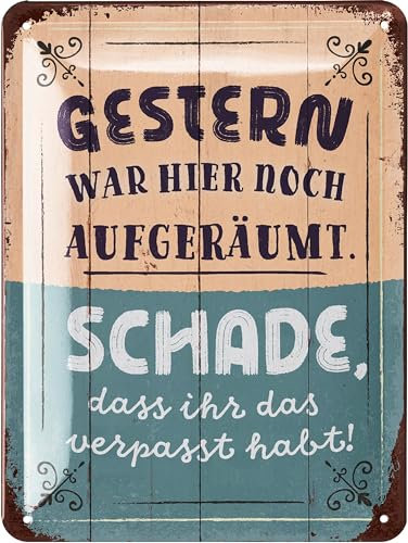 LANOLU Retro Blechschild 'Gestern war hier aufgeräumt', vintage Metallschilder mit Sprüchen, Shabby Chic Deko Küche und Garten, lustige Schilder aus Metall 15x20cm