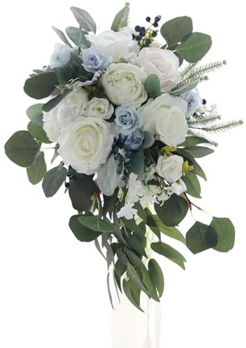 Fouriding Hochzeit Blumenstrauß für Braut,Wasser Tropfen Wasserfall Brautstrauß künstliche Blumen halten Blumen für Zeremonie Jahrestag Hochzeit Dekoration (Weiß Blau)