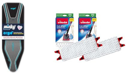 Minky Ergo Extra Thick Elasticated Replacement Ironing Board Cover, Black, 122 x 38 cm & Vileda 1-2 Spray Mop Refill, Pack of 2, 1-2 Spray Mop Head Replacements, Authentic Vileda Mop Head, White