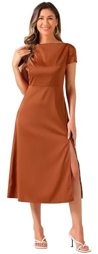 Allegra K Robe en Satin pour Femme Col Bénitier Manches Cape Dos Nu Fente Torsadée Robe de Cocktail mi-Longue Marron L