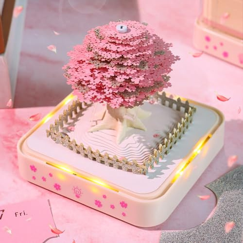 RuiDay Time Piece Kalender 2025, 3D Kalender 2025 mit Licht, 2025 Tischkalender Memo Pad Geschenk für Frauen Weihnachten Einweihungsfeier Desktop Dekoration (Rosa Kirschblüten)