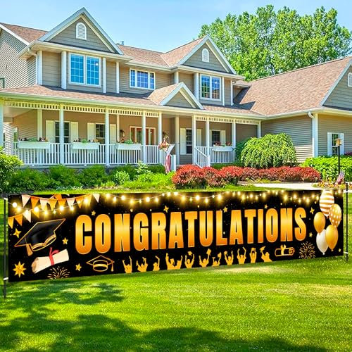 Hofbanner zum Thema Abschlussfeier, 118''x19.6'' Outdoor Graduation Banner Graduation Yard Banner Graduation Deko Schwarz-Gold für Graduation Party Decorations