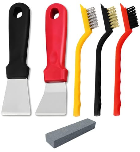 JXPXJMY 2 Pièces Grattoir Multi Cuisine en Acier Inoxydable Avec 3 Brosses et une Pierre à Aiguiser pour Gratter Glace et Nettoyer Congélateurs (Rouge-Noir)