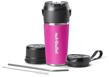 nutribullet Flip NBP016MA, Batidora Portátil con Vaso Térmico de 590ml, Conserva el Frío 24h, Bate Hielo, Incluye Tapa y Pajita, Carga USB-C, Acero Inoxidable, Magenta