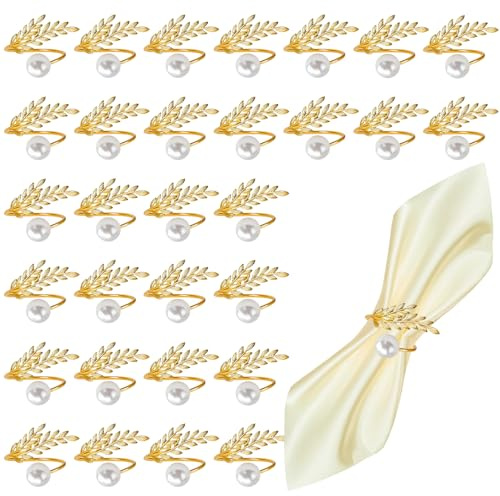 HAOTIAN-X 30 Stück Serviettenring-Set aus Metall, Serviettenringhalter mit Goldblättern und Perlen, Serviettenhalter mit hohlem Design, kleine Tischdekoration für Hochzeiten Geburtstagsfeiern