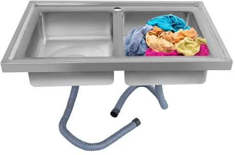 Fregadero doble de acero inoxidable 201, con trazado de alambre, pulido, 80 x 50 cm, protección contra salpicaduras, juego completo con desagües