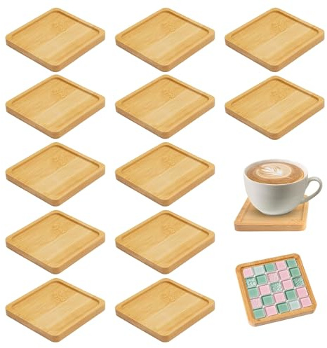 12 PCS Wooden Coasters, 9cm Square Bamboo Coasters for Mosaic Bamboo Tray Small Plant Trays for DIY Crafts Coffee Drink Table Decoration