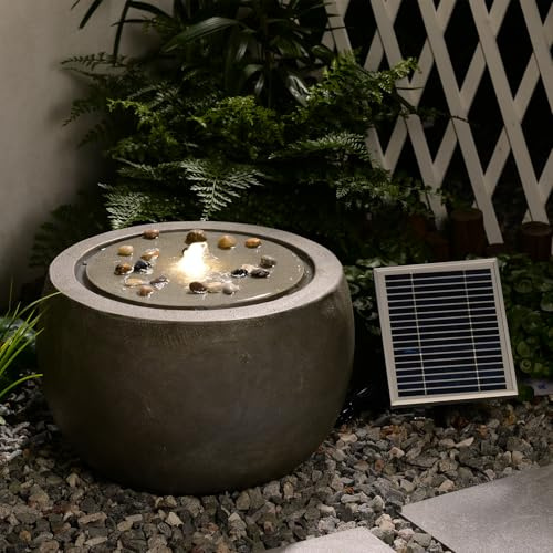 Bumilgar Solar Garden Water Feature, 29 × 45 × 45 cm Outdoor Bubbler Fountain with Solar-Powered Pump and LED Lights, Concrete-Style Finish for Garden, Patio, Deck, Yard or Home Décor – Grey