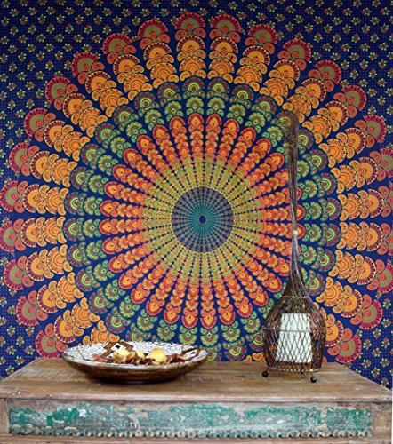 Boho-Style Wandbehang, indische Tagesdecke Mandala Druck - blau/orange/grün/Mandala Tagesdecken & Wandtücher