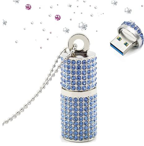 EcooDisk USB 3.0 Flash-Laufwerk, High-Speed-Speicherstick, Lippenstift, Diamant-Daumenlaufwerk, niedlicher Schmuck, USB-Stick mit glänzender Halskette und Schmuckbeutel, tolles Geschenk blau 32 GB