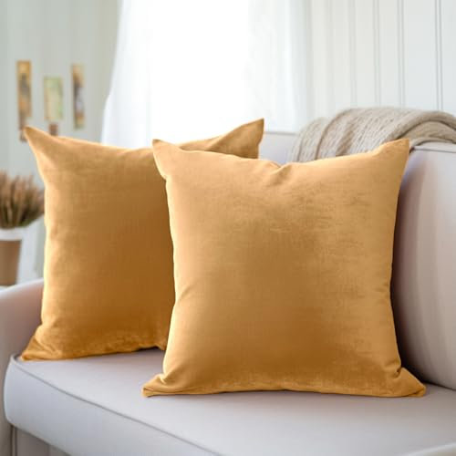 Encasa XO Kissenbezüge aus Samt - 2er-Set (60x60 cm) - Gold- Uni gefärbt, weich & glatt, waschbar, quadratisch, großer Wurfkissenbezug für Couch, Sofa, Stuhl, Bett und Wohnbereich