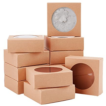 BENECREAT 24 Pack Kraftpapierboxen mit klarem Fenster 8x8x3cm Burlywood Geschenkverpackungsboxen für Schmuck Speicher Display, Hochzeit, Valentinstag