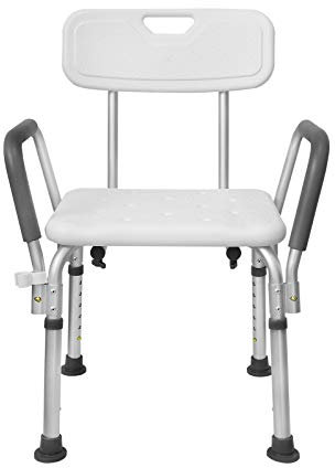 LZQ Duschstuhl Höhenverstellbar 5 Stufen 37,5- 50,5 cm Duschhocker mit Armlehne und Rückenlehne Anti-Rutsch Badsitz Duschhilfe Duschsitz aus Aluminium & HDPE Kunststoff