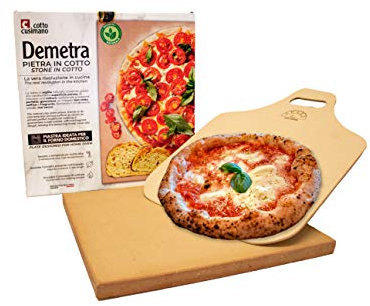 Demetra Piastra Pietra in Cotto refrattaria 2x35x35 + Pala in Legno in Omaggio- Adatta a Tutti i Tipi di forni. Ideale per Cucinare Pizza, Pane, Torte, ECC.