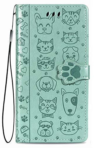 Fertuo Cover per Samsung A52S / A52, Custodia Portafoglio a Libro in Pelle Flip Cover con Porta Carte, Chiusura Magnetica [Disegni di Gatto Cane] Case Antiurto per Samsung Galaxy A52, Verde