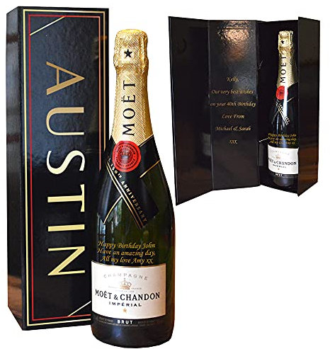 Personalised Champagne Gift Set in Box Black Magnetic Lid Gold Birthday Wedding Anniversary Retirement Double Lines Frame Inside Name 1 x 75 CL (Set of 2 Items)