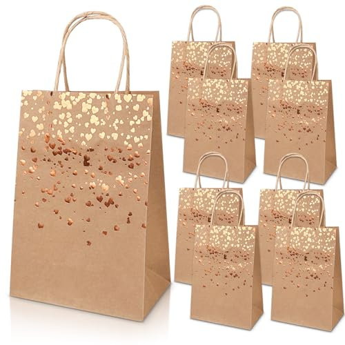 JIASHA Papiertüten aus Kraftpapier, 15 Stück Geschenktüten aus Kraftpapier, Bronzing Kraft Tasche mit Gold Herz Verzierung, Party Geschenk Papiertüten, für Hochzeit Geburtstag Party (Rindsleder)