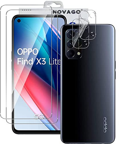 NOVAGO compatible avec Oppo Find X3 Lite 5G - Pack de 4 films en verre trempé résistant anti choc et anti explosion, deux verres pour écran et deux verres pour objectif