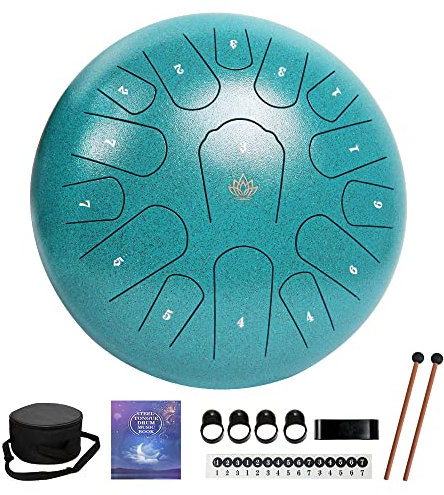 Yasisid Steel Tongue Drum 12 Zoll Percussion Instrumente Hand Pan Drum mit Tasche, Notenbuch, Drumsticks, Schlägelhalter und staubfreies Tuch (15 Noten, Grün)