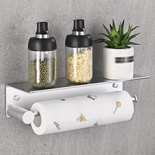 HANFU Porta Rotolo da Cucina, Autoadesivo Portarotolo da Cucina da Parete Senza Forature, Alluminio Porta Scottex con Ripiano 34cm/13.4in, Portarotoli Cucina Supporto di Carta per Bagno Cucina, Argent