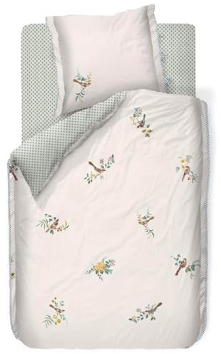 Pip Studio Bettwäsche Little Birds White Vögel Zeige Blüten Blätter Gepunktet Wendeoptik Weiß Grün Perkal, Größe:155 cm x 220 cm