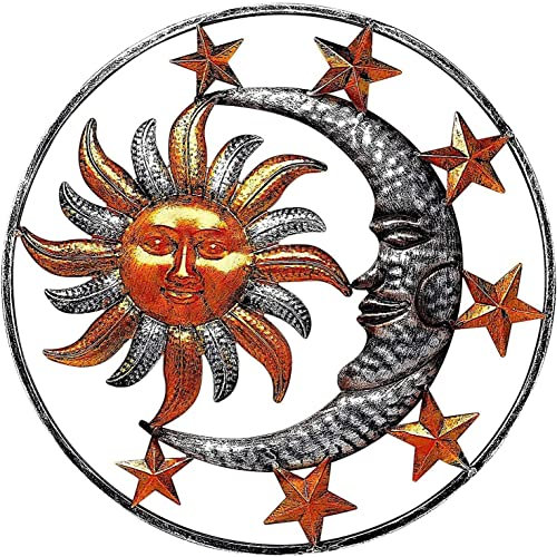 Sonne und Mond Wandkunst Metall Wanddekoration Outdoor Himmlische Wandkunst Skulptur Rustikale Vintage Metall Mond Stern Wandschild für Zuhause Wohnzimmer Schlafzimmer (Braun)