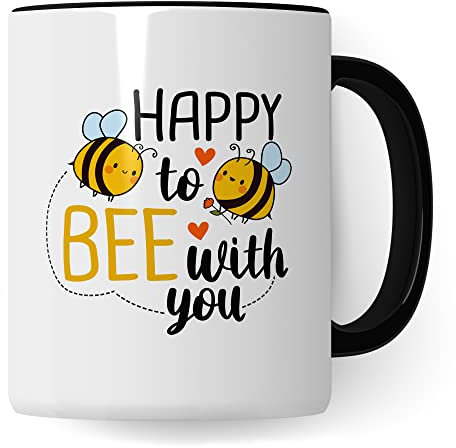 Bienen Tasse Happy to Bee with you Kaffeetasse Liebe Paar Geschenk Beziehung Geschenkidee Biene Mug Freunde Kaffee-Becher Freundschaft Witz Sarkasmus Wortwitz (Weiß/Schwarz)